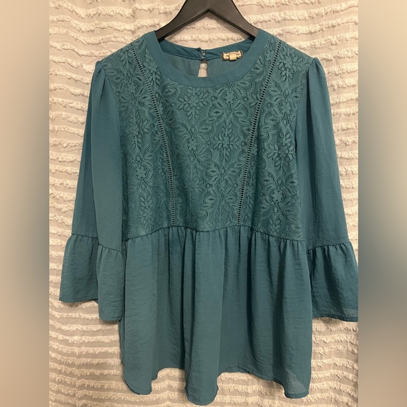 Eyeshadow Tops - Teal Lace Peplum blouse with drop waist. Versatile top for fall or year round.